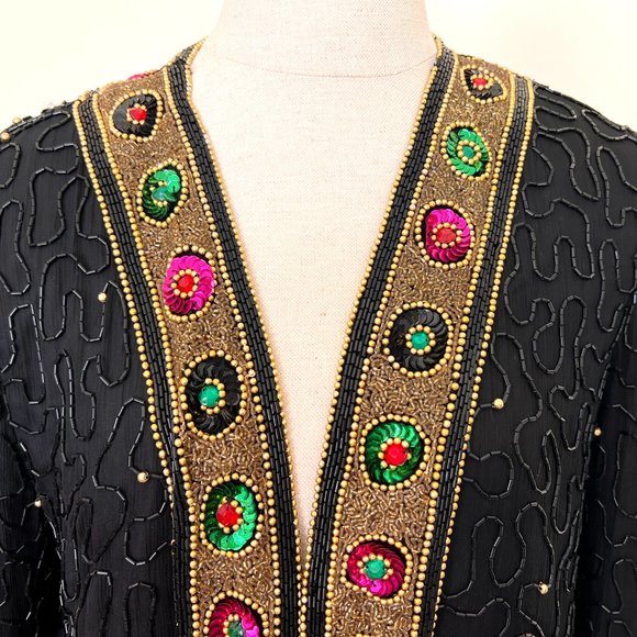80's Silk Beaded Evening Jacket - Lawrence Kazar - SIze Petite Medium - Picture 3 of 11